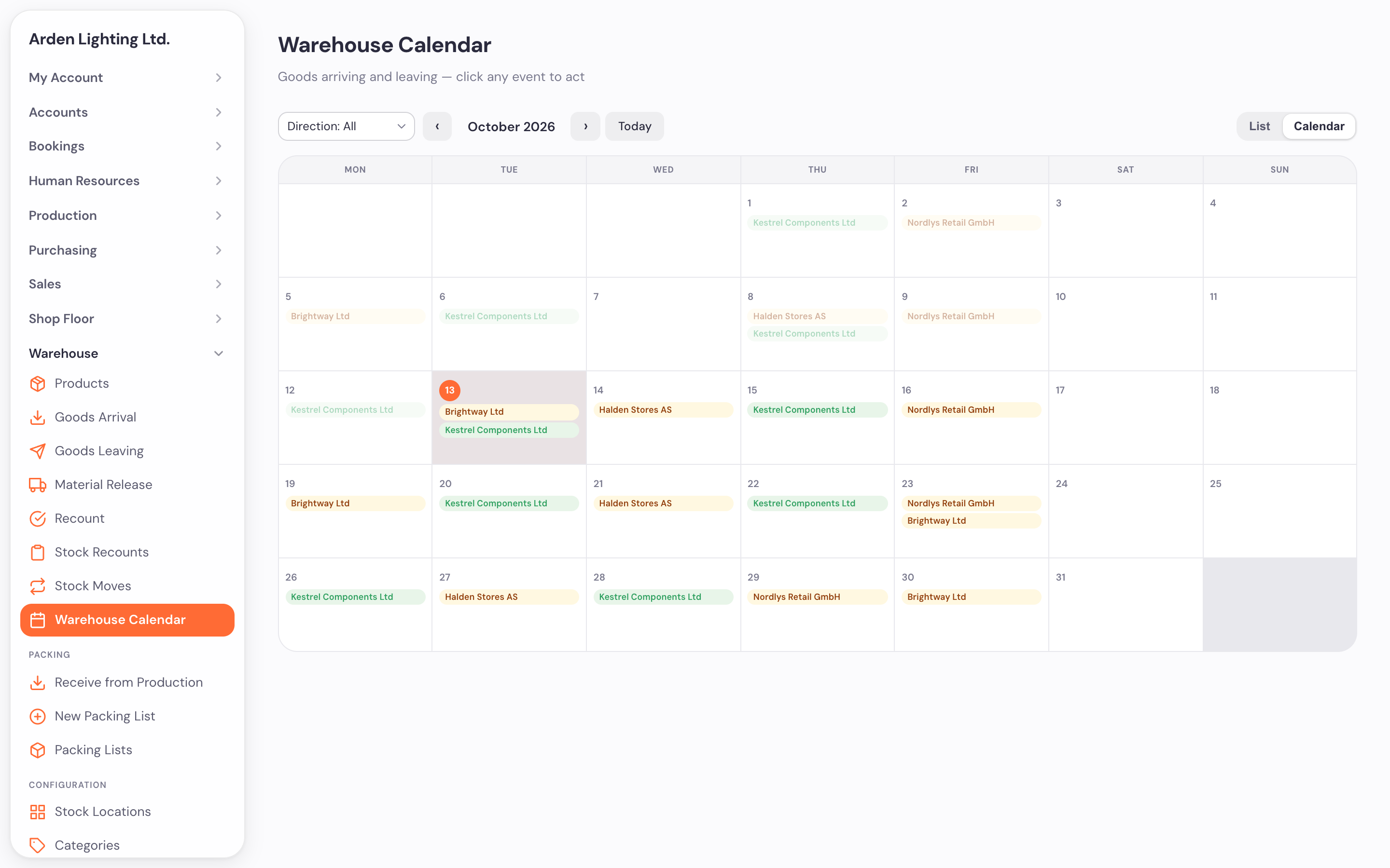 Warehouse calendar
